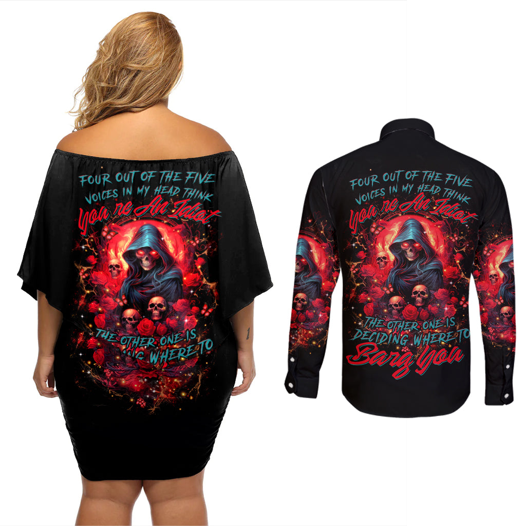 Rose Queen Couples Matching Off Shoulder Short Dress and Long Sleeve Button Shirt Four Out Of The Five Voices In My Head Think You re An Idiot - Wonder Print Shop