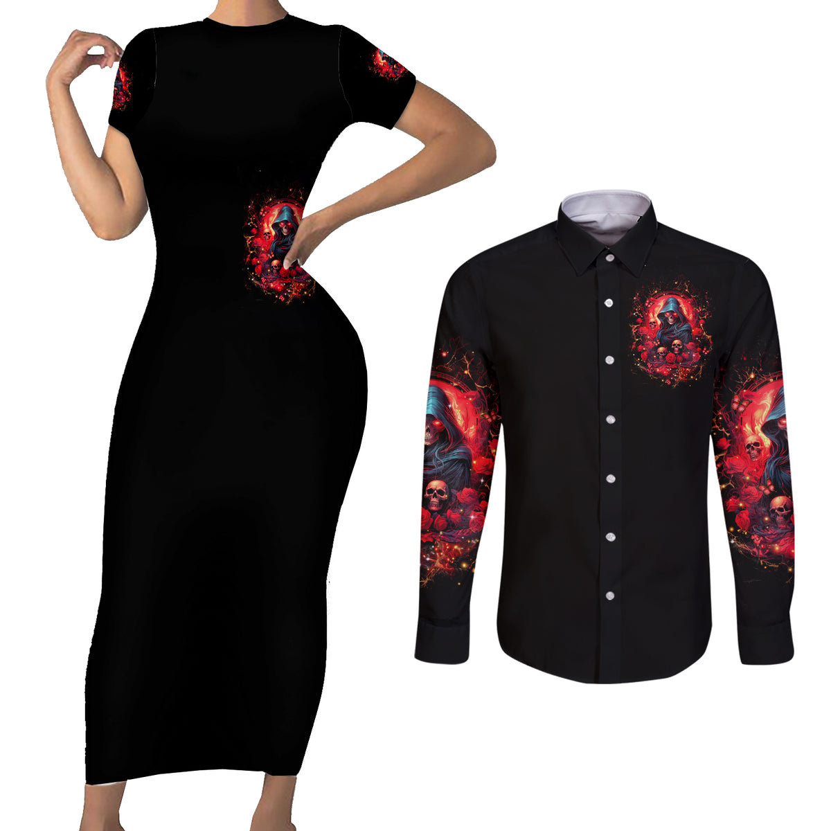 Rose Queen Couples Matching Short Sleeve Bodycon Dress and Long Sleeve Button Shirt Four Out Of The Five Voices In My Head Think You re An Idiot - Wonder Print Shop