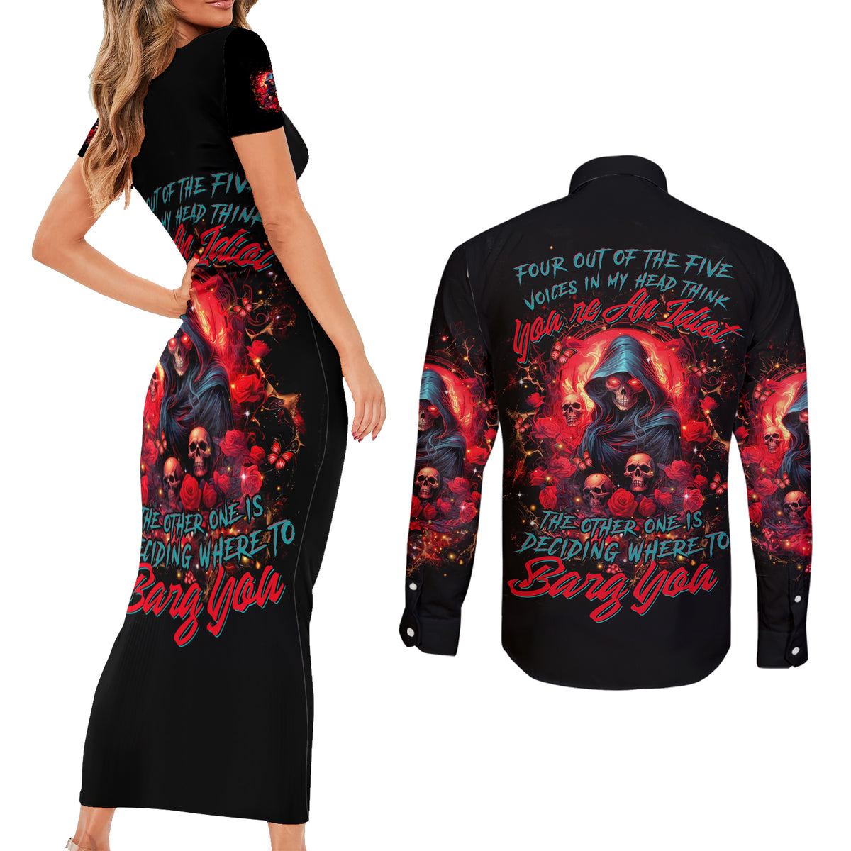 Rose Queen Couples Matching Short Sleeve Bodycon Dress and Long Sleeve Button Shirt Four Out Of The Five Voices In My Head Think You re An Idiot - Wonder Print Shop