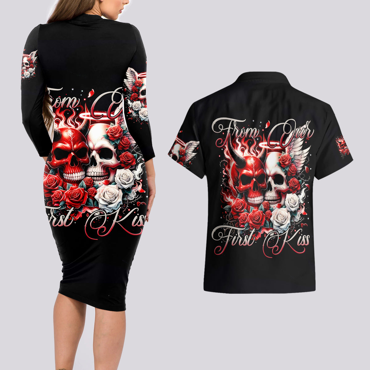 Couple Skull Couples Matching Long Sleeve Bodycon Dress and Hawaiian Shirt From Our First Kiss - Wonder Print Shop