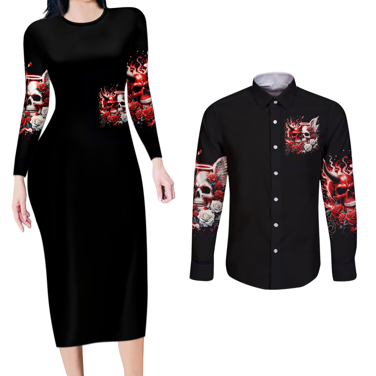 Couple Skull Couples Matching Long Sleeve Bodycon Dress and Long Sleeve Button Shirt From Our First Kiss - Wonder Print Shop