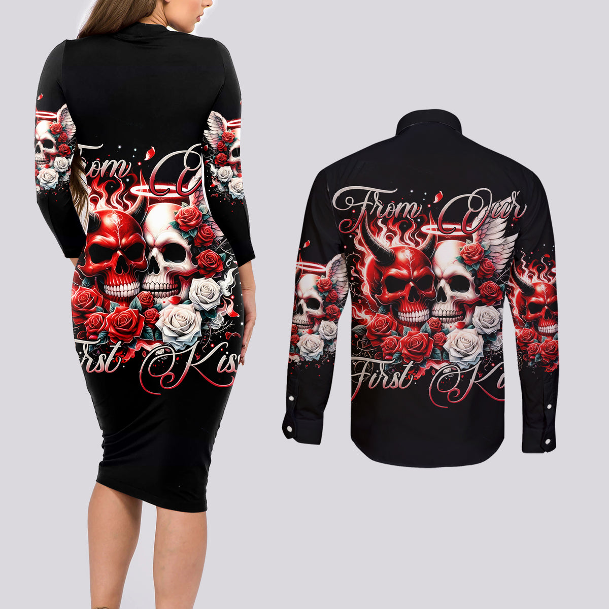 Couple Skull Couples Matching Long Sleeve Bodycon Dress and Long Sleeve Button Shirt From Our First Kiss - Wonder Print Shop