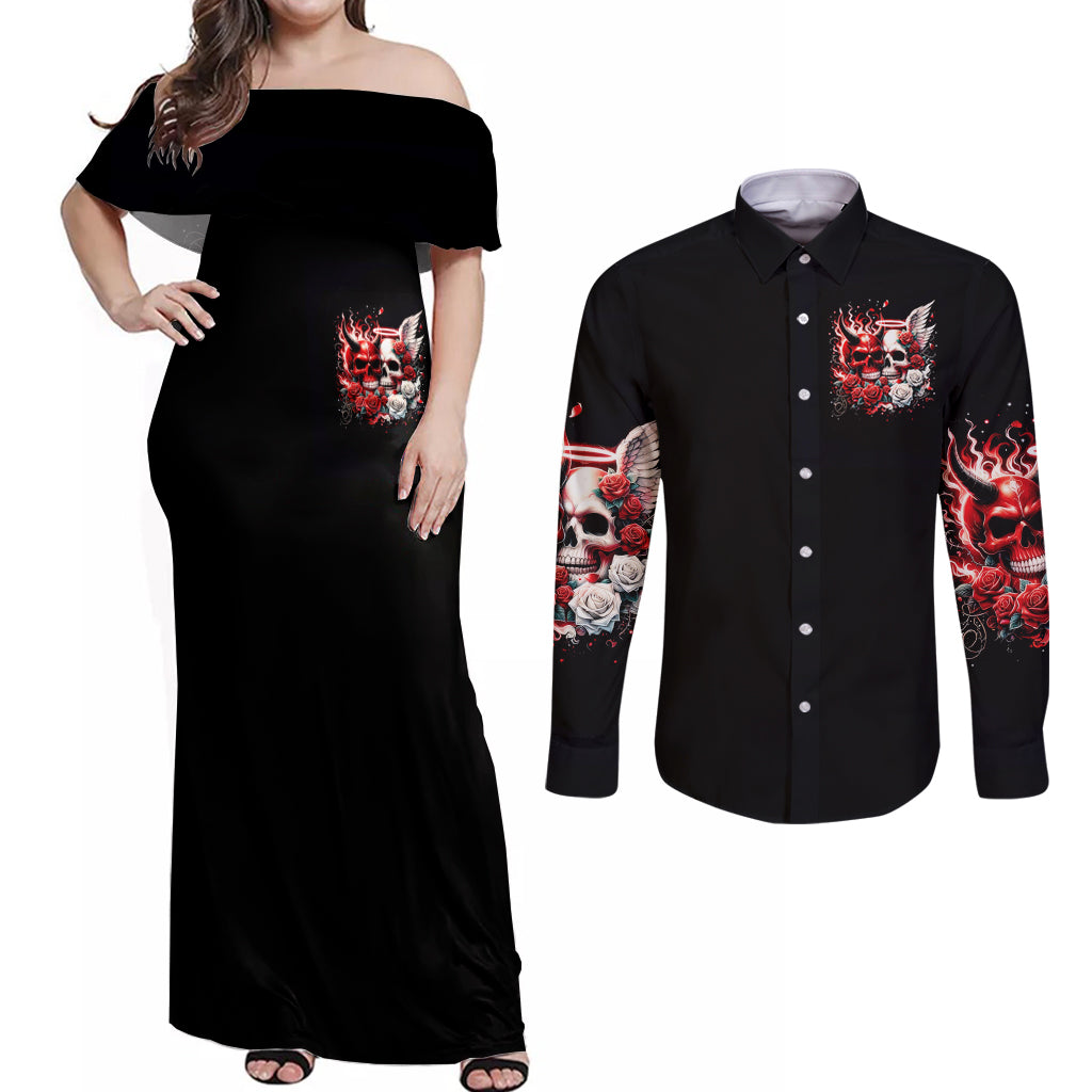 Couple Skull Couples Matching Off Shoulder Maxi Dress and Long Sleeve Button Shirt From Our First Kiss - Wonder Print Shop