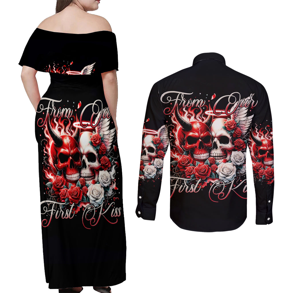 Couple Skull Couples Matching Off Shoulder Maxi Dress and Long Sleeve Button Shirt From Our First Kiss - Wonder Print Shop