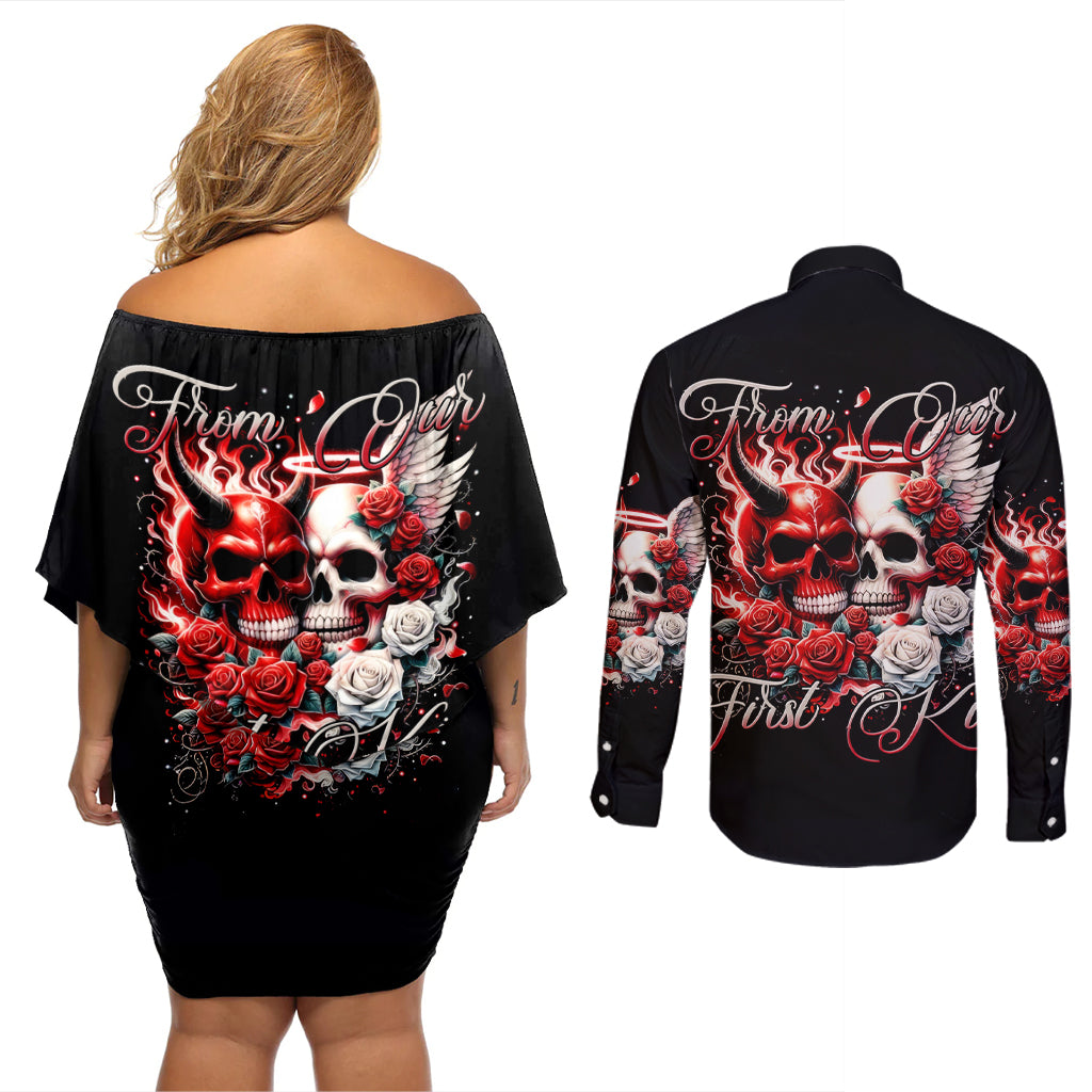 Couple Skull Couples Matching Off Shoulder Short Dress and Long Sleeve Button Shirt From Our First Kiss - Wonder Print Shop