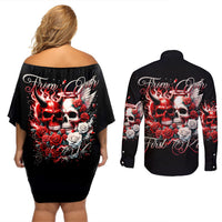 Couple Skull Couples Matching Off Shoulder Short Dress and Long Sleeve Button Shirt From Our First Kiss - Wonder Print Shop