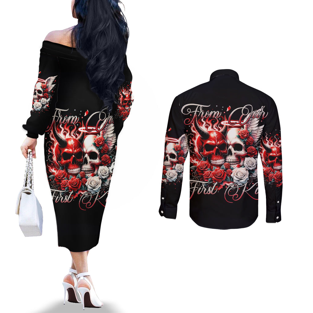 Couple Skull Couples Matching Off The Shoulder Long Sleeve Dress and Long Sleeve Button Shirt From Our First Kiss