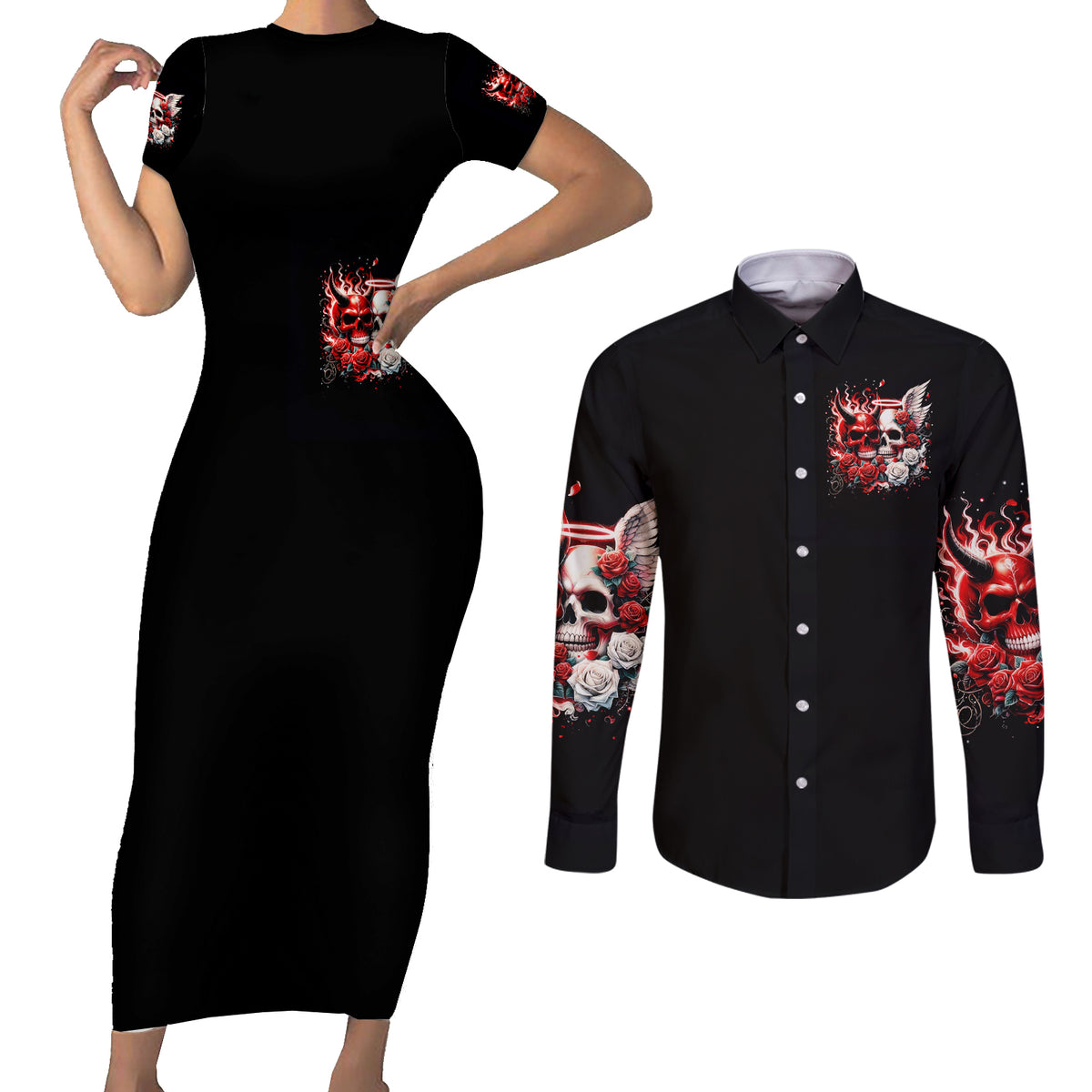 Couple Skull Couples Matching Short Sleeve Bodycon Dress and Long Sleeve Button Shirt From Our First Kiss - Wonder Print Shop