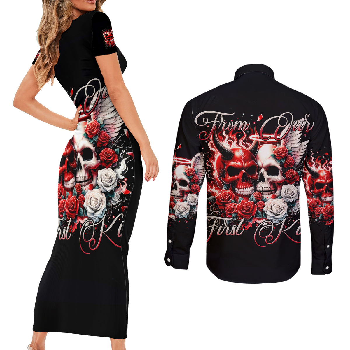 Couple Skull Couples Matching Short Sleeve Bodycon Dress and Long Sleeve Button Shirt From Our First Kiss - Wonder Print Shop