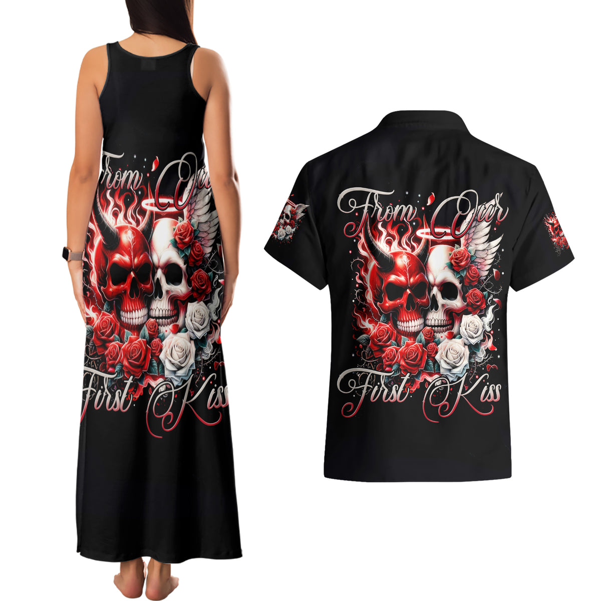 Couple Skull Couples Matching Tank Maxi Dress and Hawaiian Shirt From Our First Kiss - Wonder Print Shop
