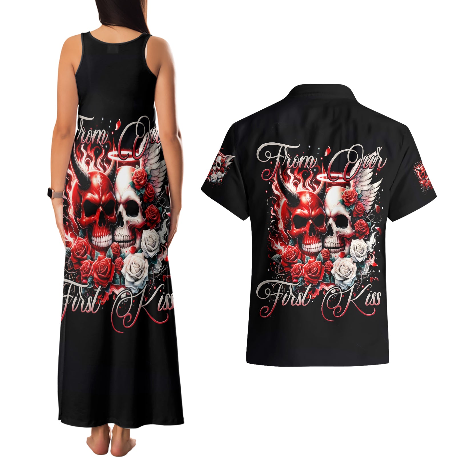 Couple Skull Couples Matching Tank Maxi Dress and Hawaiian Shirt From Our First Kiss - Wonder Print Shop