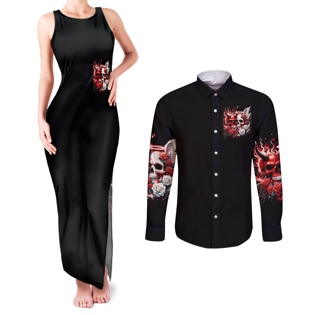 Couple Skull Couples Matching Tank Maxi Dress and Long Sleeve Button Shirt From Our First Kiss - Wonder Print Shop