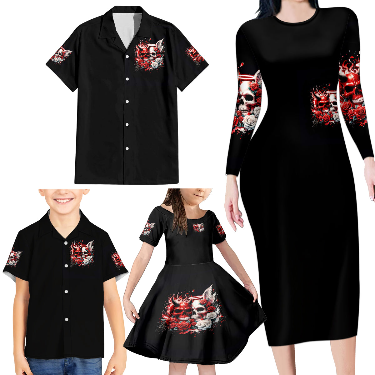 Couple Skull Family Matching Long Sleeve Bodycon Dress and Hawaiian Shirt From Our First Kiss - Wonder Print Shop