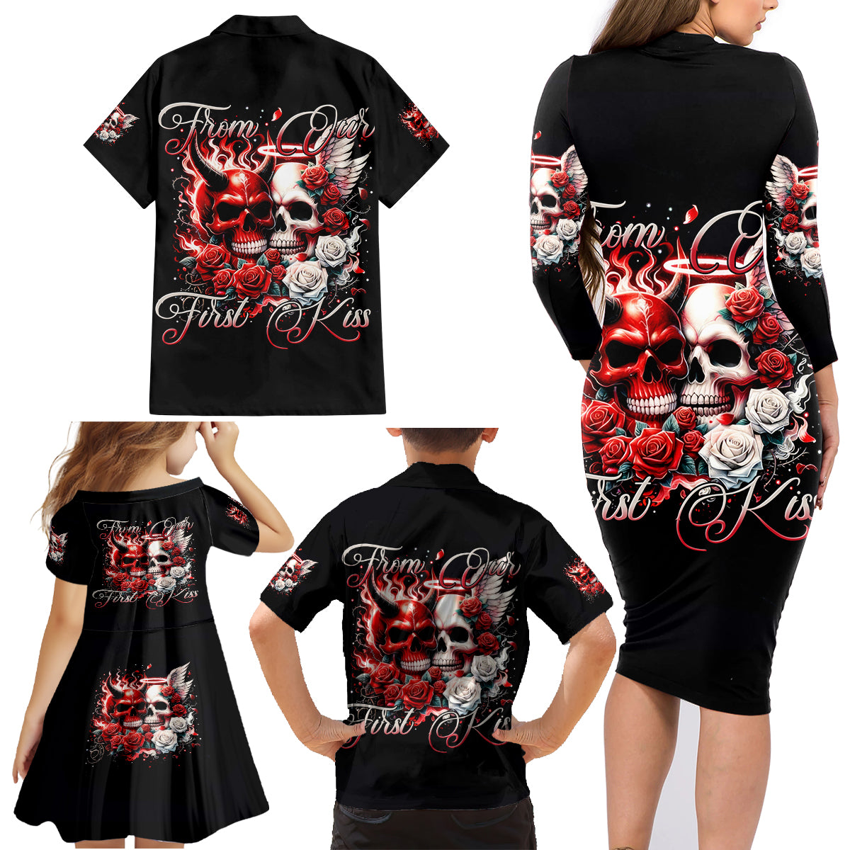 Couple Skull Family Matching Long Sleeve Bodycon Dress and Hawaiian Shirt From Our First Kiss - Wonder Print Shop
