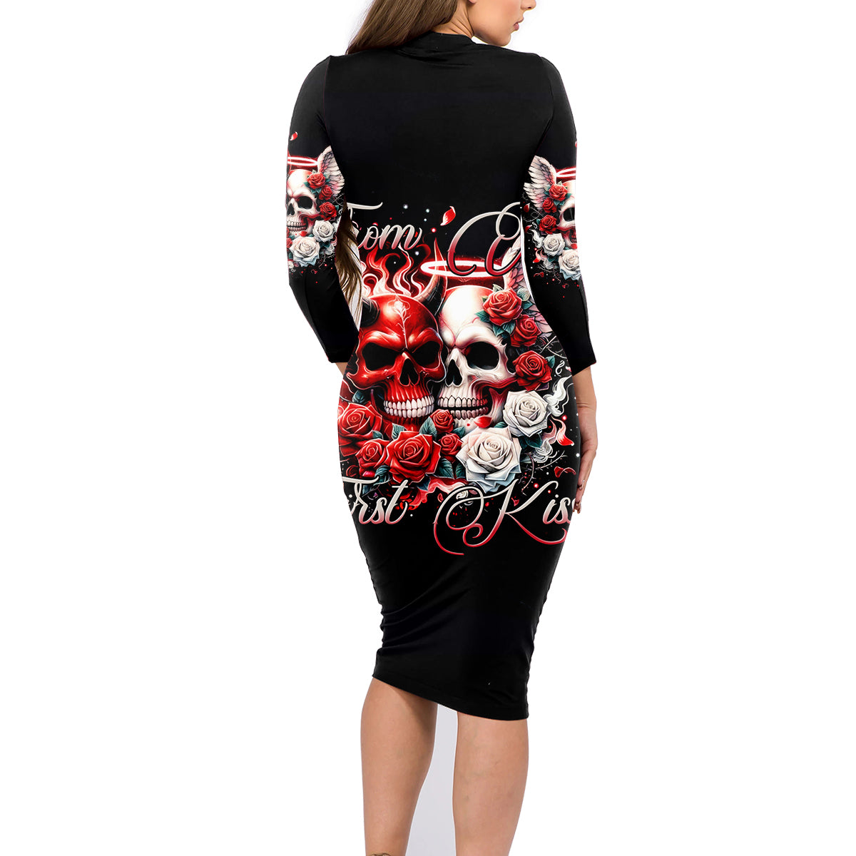Couple Skull Family Matching Long Sleeve Bodycon Dress and Hawaiian Shirt From Our First Kiss - Wonder Print Shop