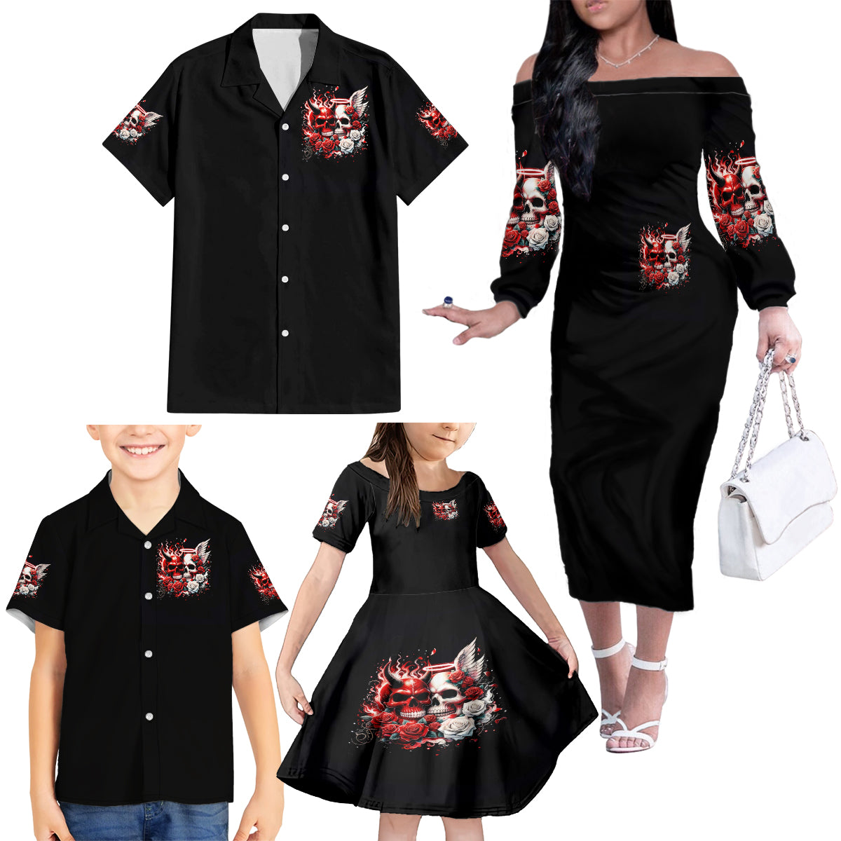 Couple Skull Family Matching Off Shoulder Long Sleeve Dress and Hawaiian Shirt From Our First Kiss - Wonder Print Shop