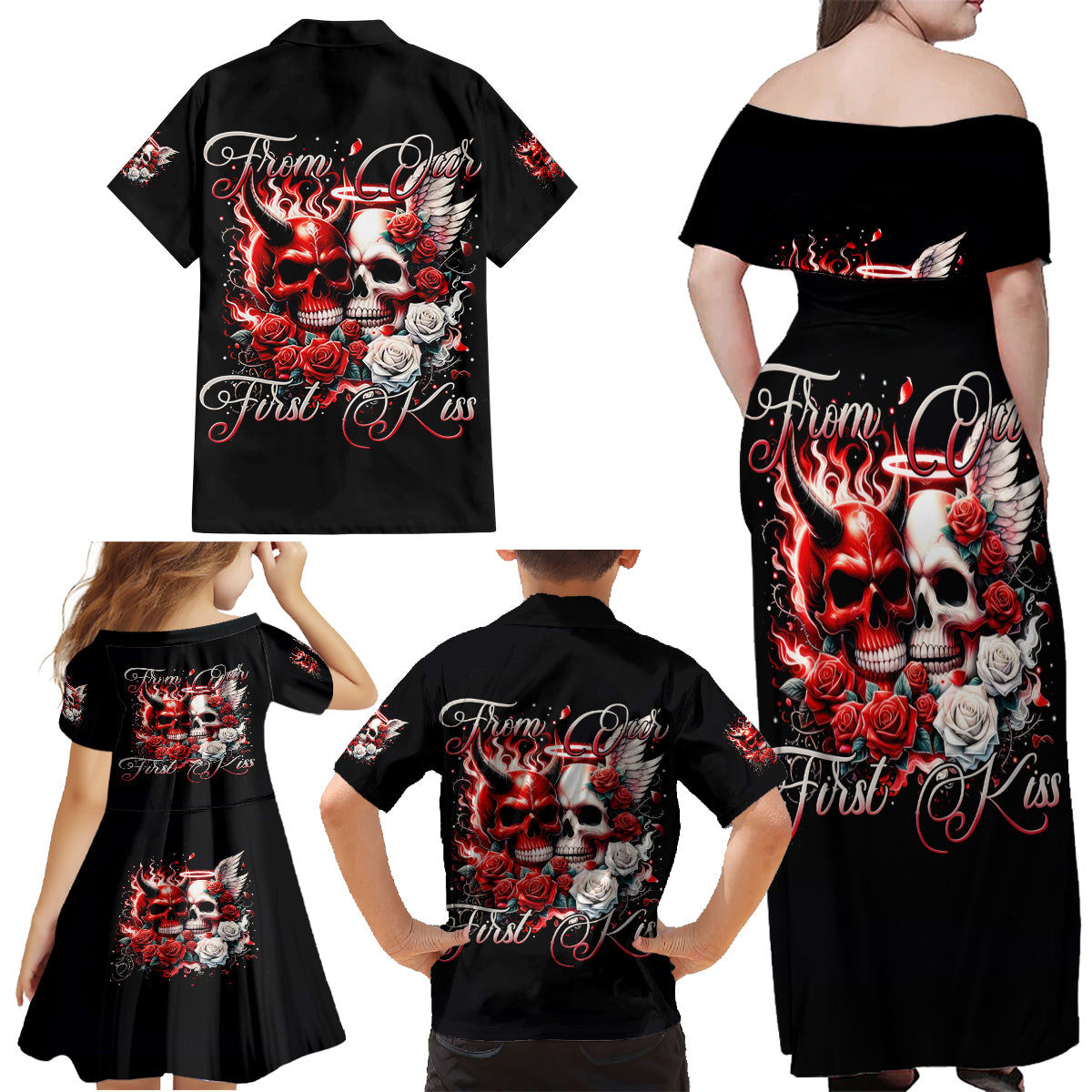 Couple Skull Family Matching Off Shoulder Maxi Dress and Hawaiian Shirt From Our First Kiss - Wonder Print Shop