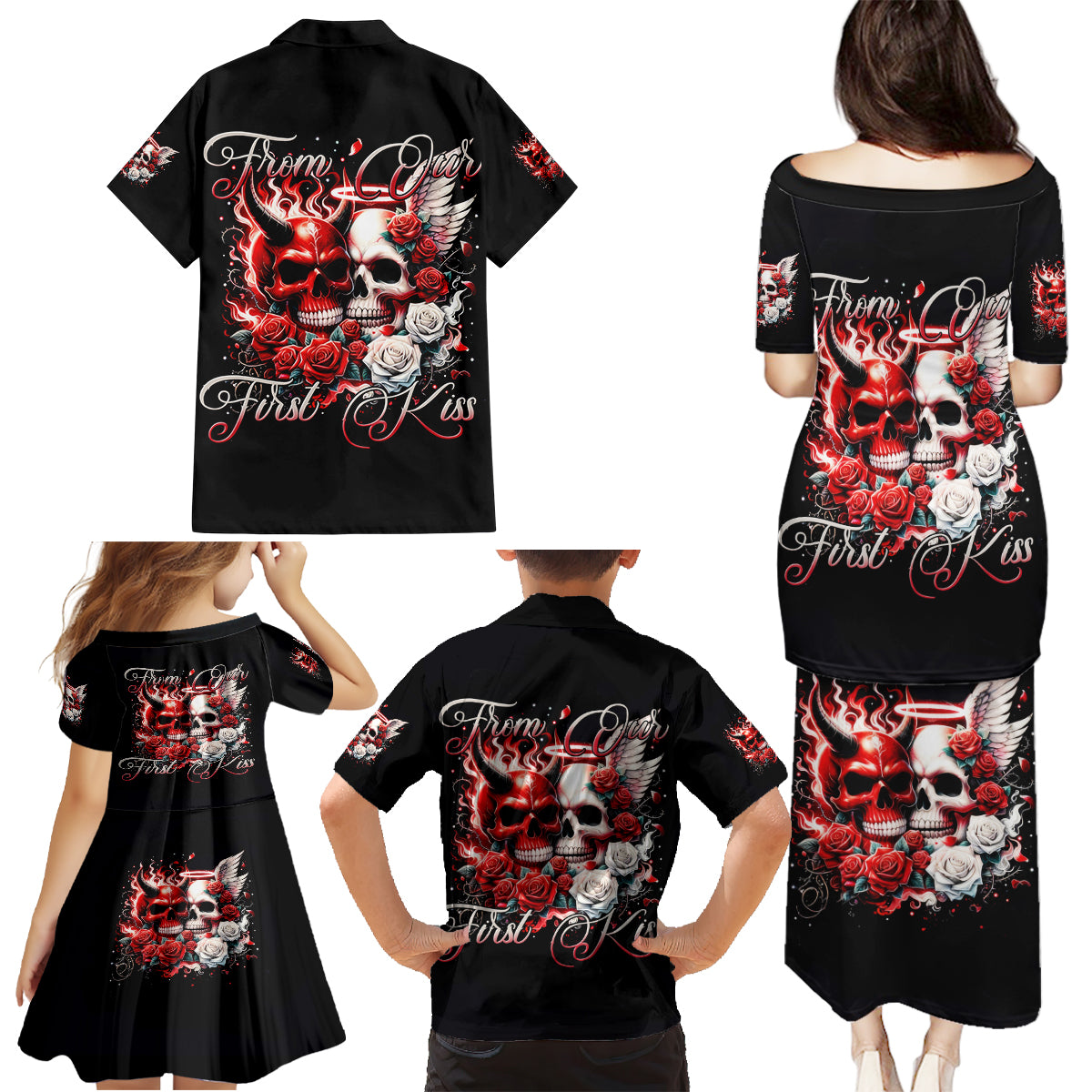 Couple Skull Family Matching Puletasi and Hawaiian Shirt From Our First Kiss - Wonder Print Shop