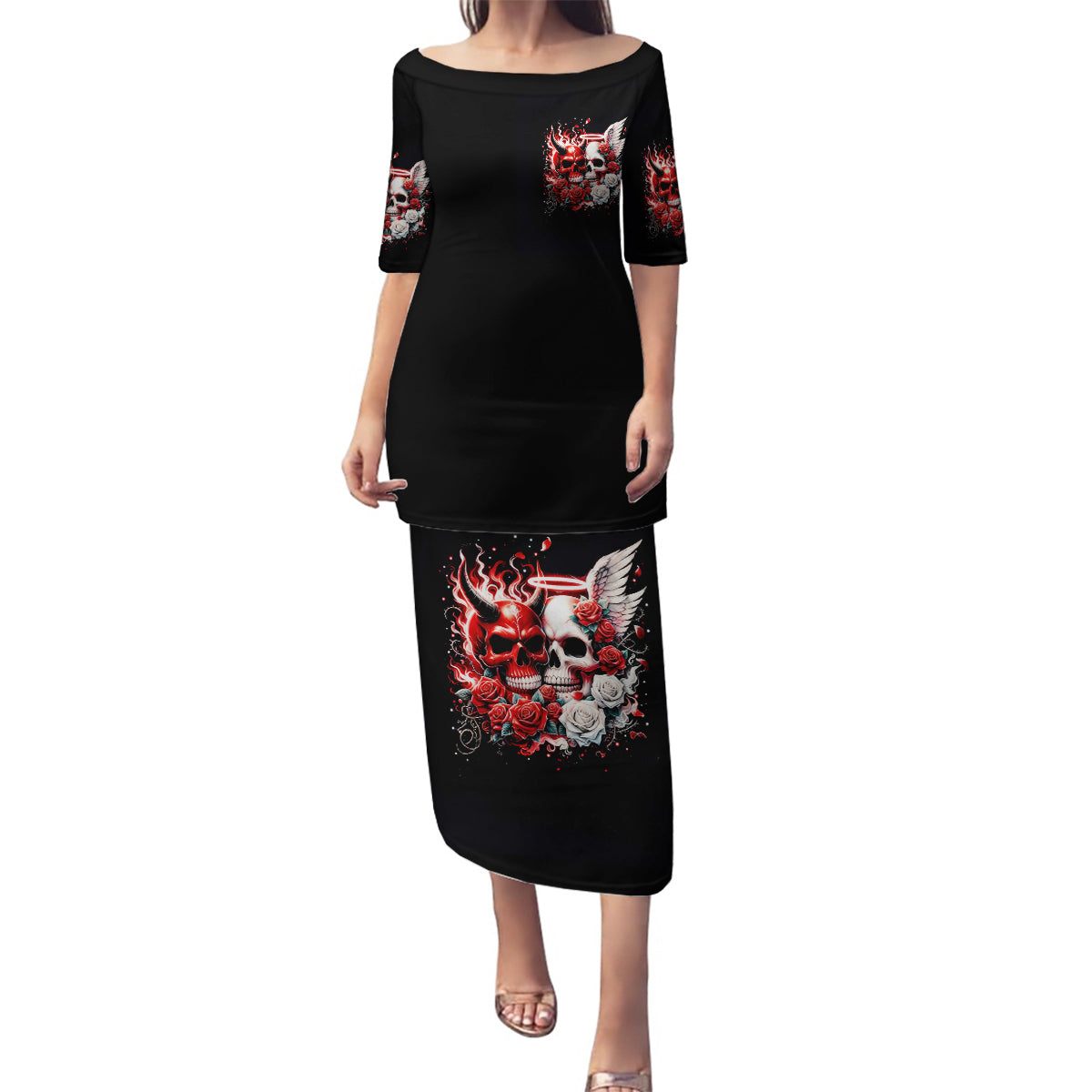 Couple Skull Family Matching Puletasi and Hawaiian Shirt From Our First Kiss - Wonder Print Shop