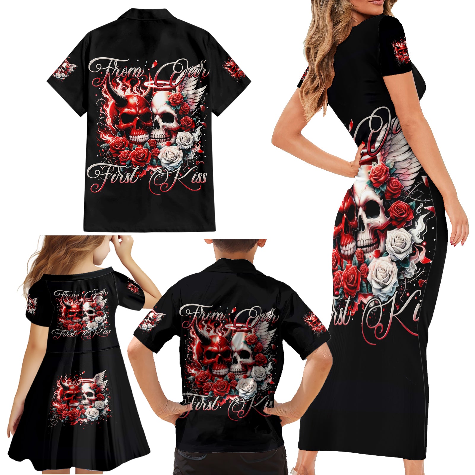 Couple Skull Family Matching Short Sleeve Bodycon Dress and Hawaiian Shirt From Our First Kiss - Wonder Print Shop