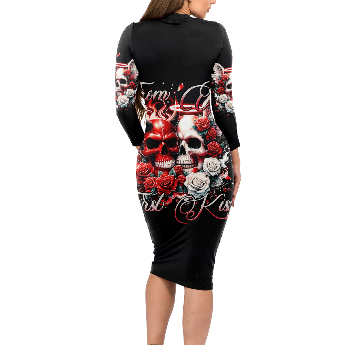 Couple Skull Long Sleeve Bodycon Dress From Our First Kiss - Wonder Print Shop