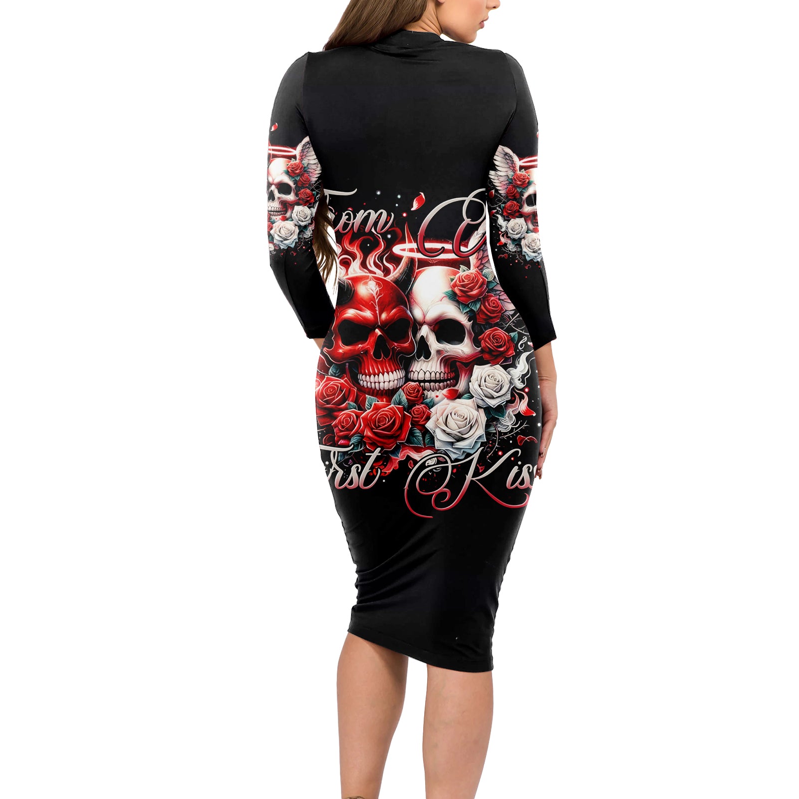 Couple Skull Long Sleeve Bodycon Dress From Our First Kiss - Wonder Print Shop