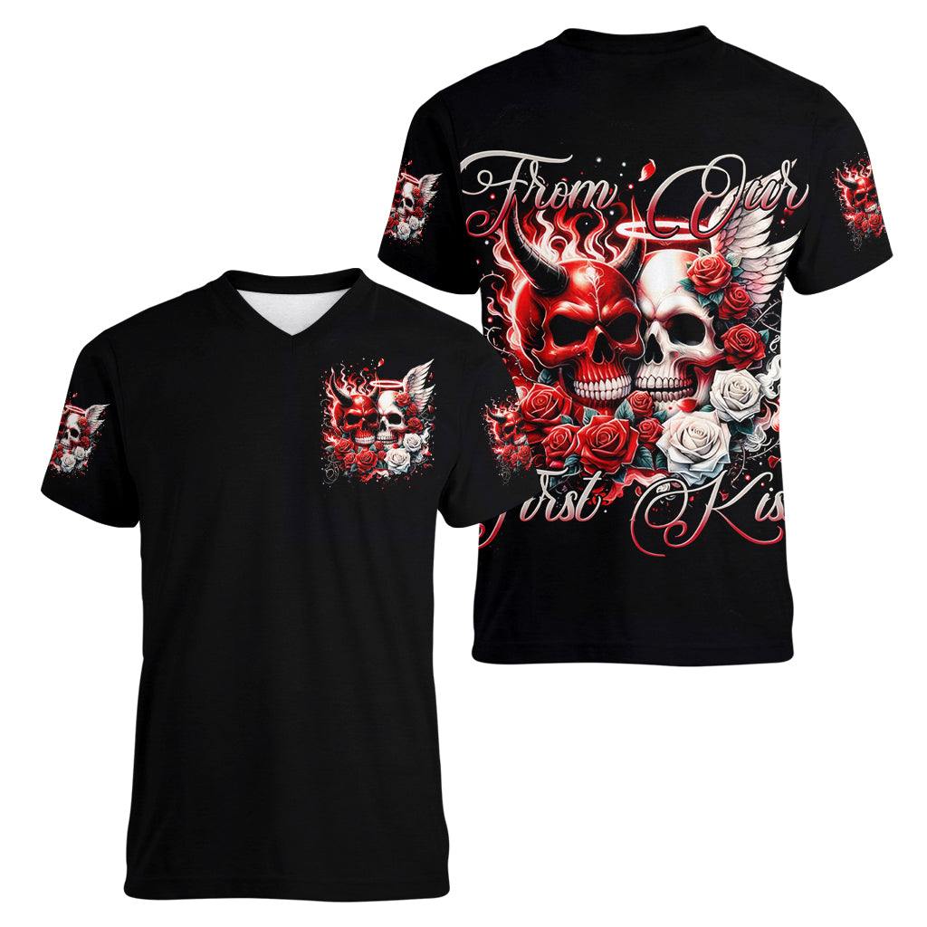 Couple Skull Women V Neck T Shirt From Our First Kiss - Wonder Print Shop