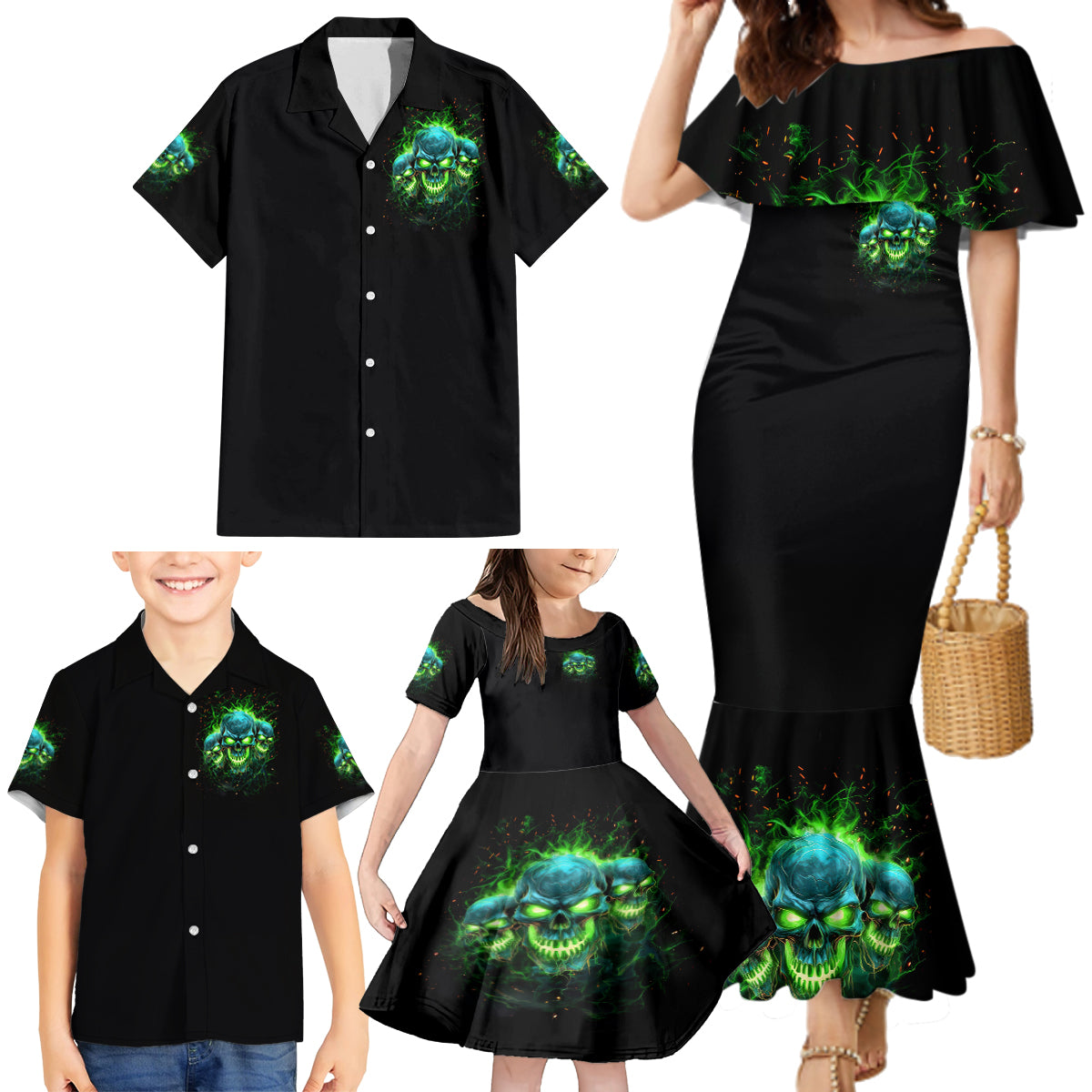 Flame Skull Family Matching Mermaid Dress and Hawaiian Shirt I'm Never Alone My Demons Are Wit Me 24/7 - Wonder Print Shop