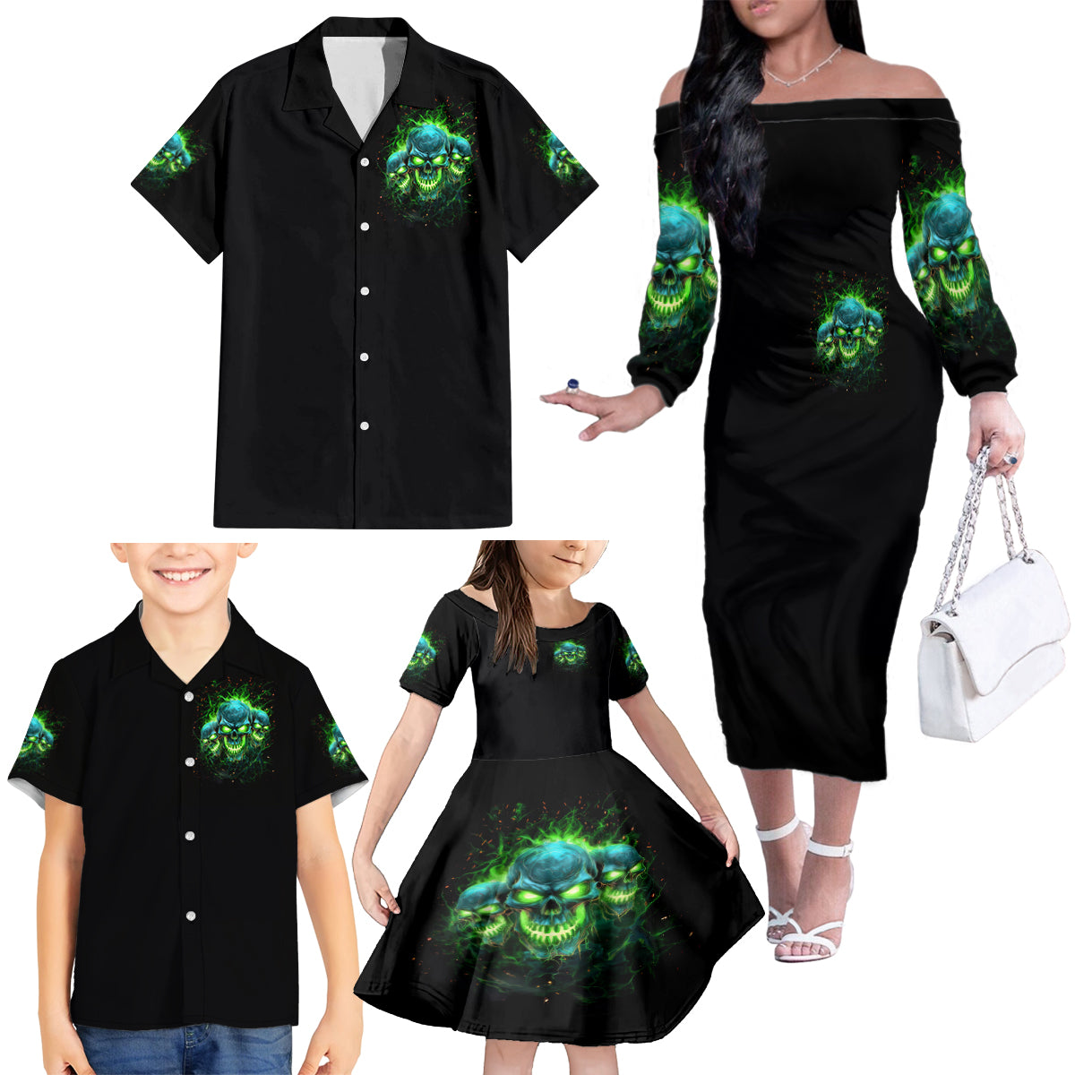Flame Skull Family Matching Off Shoulder Long Sleeve Dress and Hawaiian Shirt I'm Never Alone My Demons Are Wit Me 24/7 - Wonder Print Shop