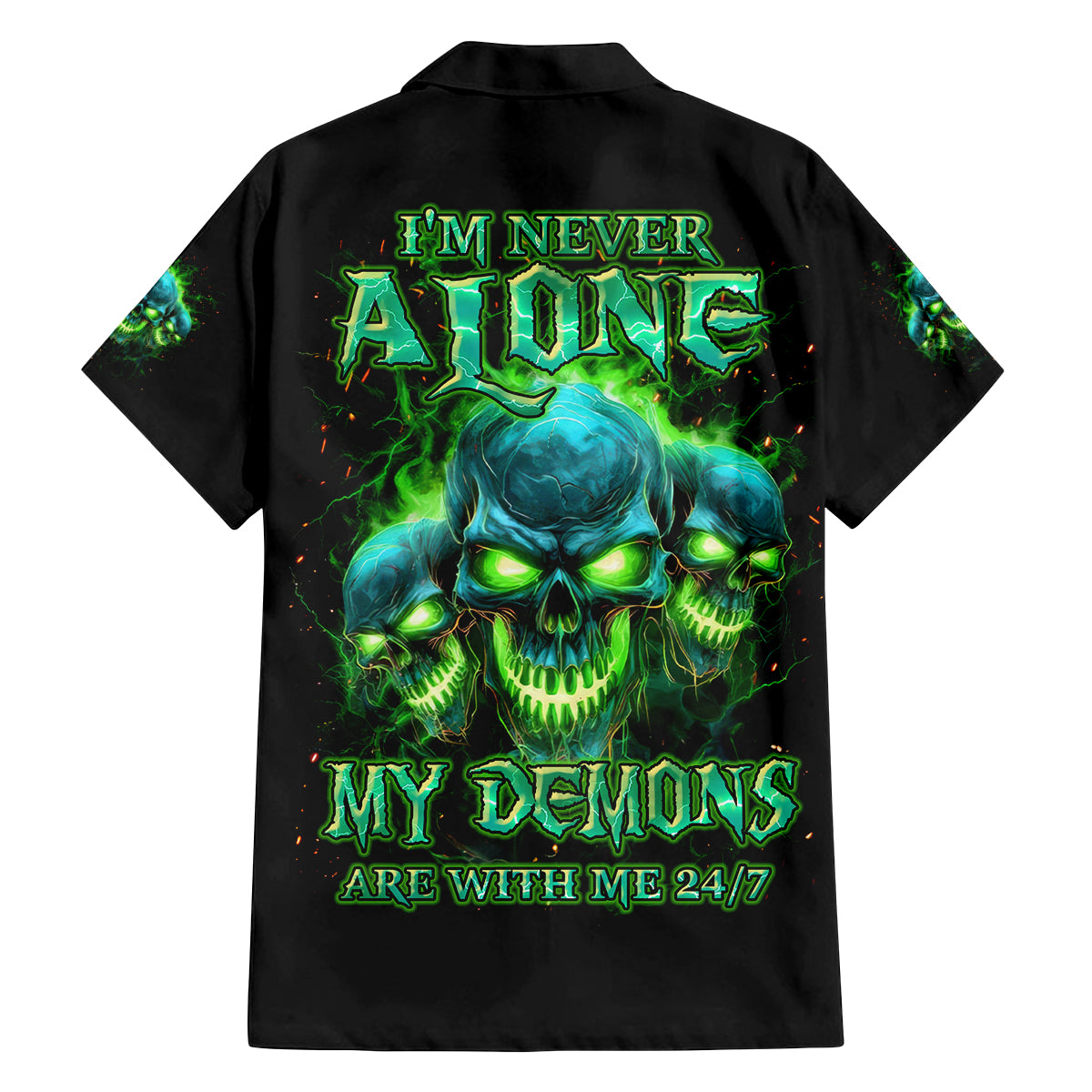 Flame Skull Family Matching Off Shoulder Long Sleeve Dress and Hawaiian Shirt I'm Never Alone My Demons Are Wit Me 24/7 - Wonder Print Shop
