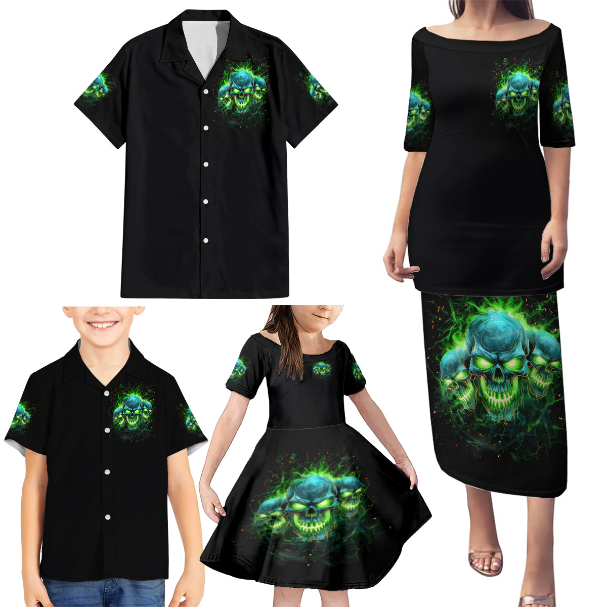 Flame Skull Family Matching Puletasi and Hawaiian Shirt I'm Never Alone My Demons Are Wit Me 24/7 - Wonder Print Shop