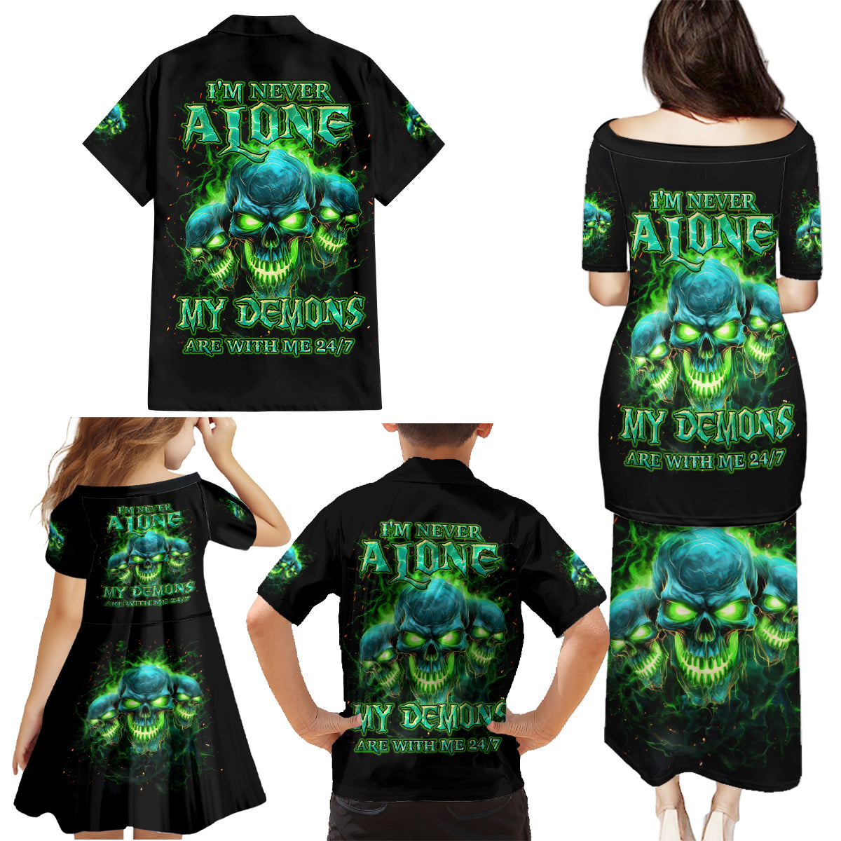 Flame Skull Family Matching Puletasi and Hawaiian Shirt I'm Never Alone My Demons Are Wit Me 24/7 - Wonder Print Shop