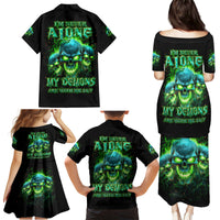 Flame Skull Family Matching Puletasi and Hawaiian Shirt I'm Never Alone My Demons Are Wit Me 24/7 - Wonder Print Shop