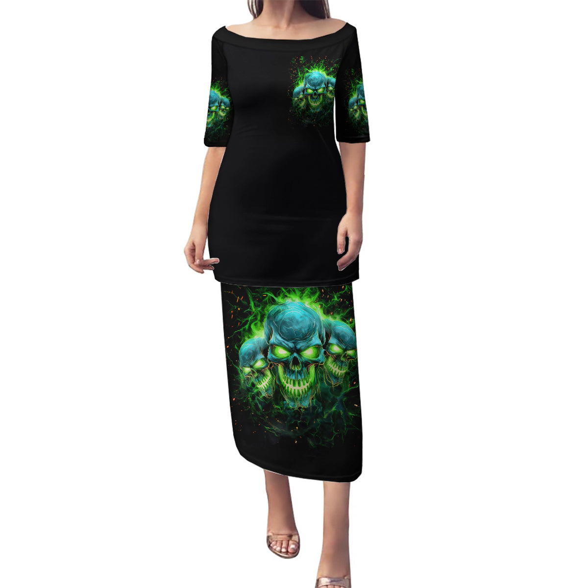 Flame Skull Family Matching Puletasi and Hawaiian Shirt I'm Never Alone My Demons Are Wit Me 24/7 - Wonder Print Shop