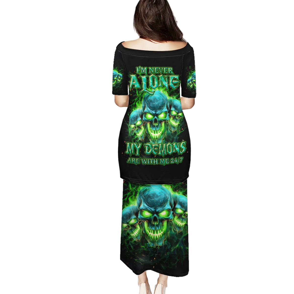 Flame Skull Family Matching Puletasi and Hawaiian Shirt I'm Never Alone My Demons Are Wit Me 24/7 - Wonder Print Shop