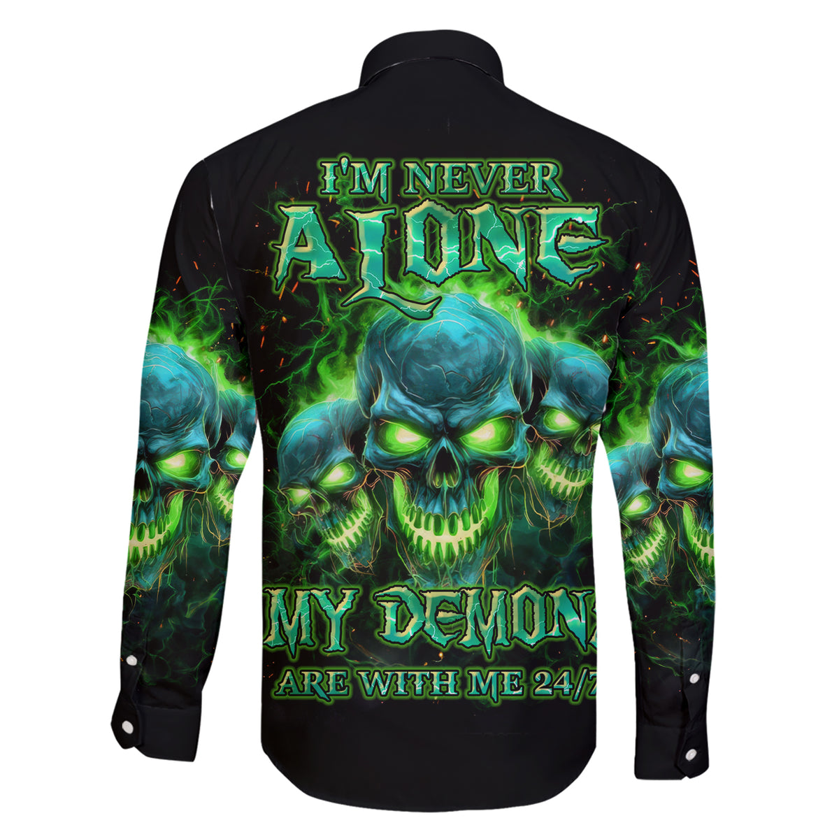 Flame Skull Family Matching Short Sleeve Bodycon Dress and Hawaiian Shirt I'm Never Alone My Demons Are Wit Me 24/7 - Wonder Print Shop
