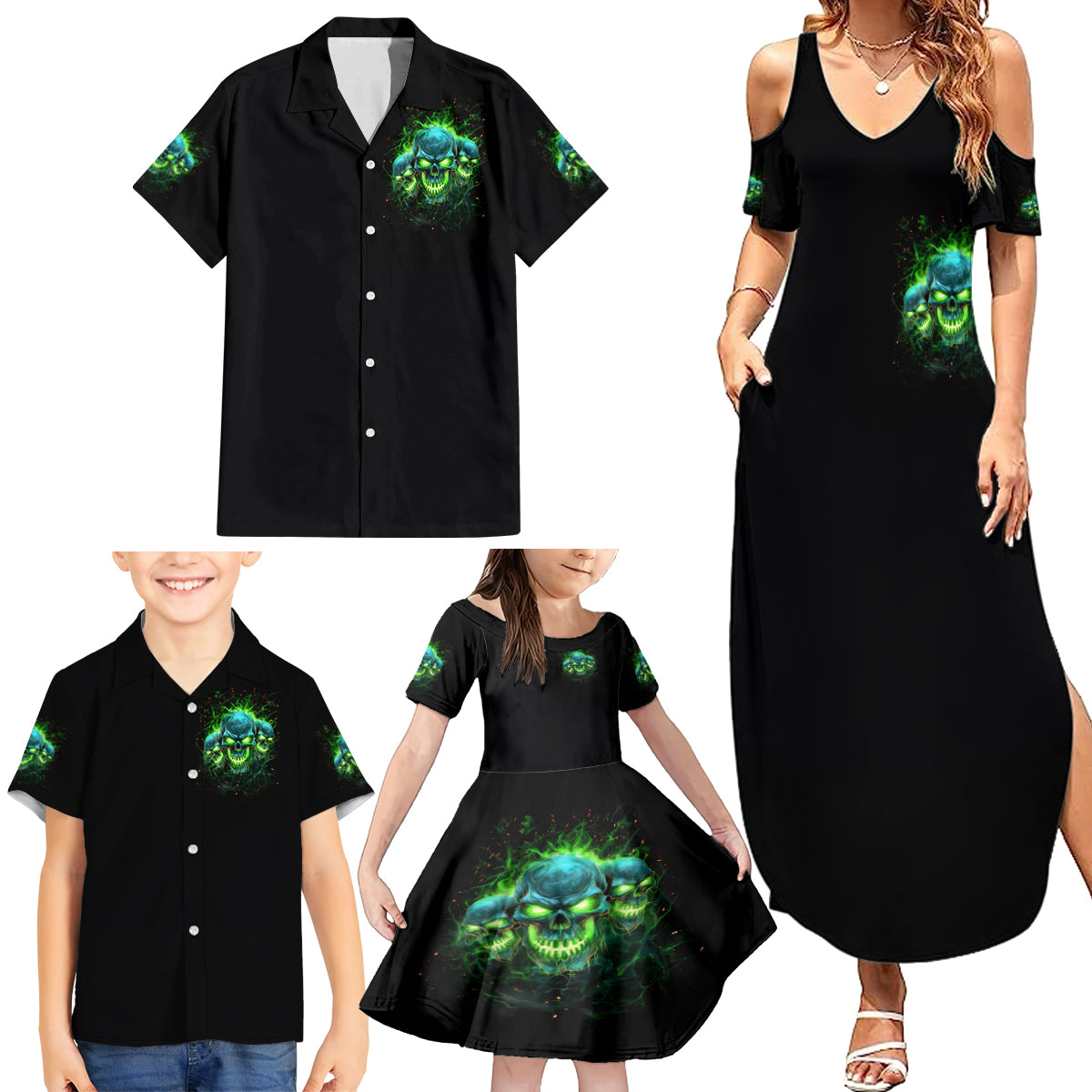 Flame Skull Family Matching Summer Maxi Dress and Hawaiian Shirt I'm Never Alone My Demons Are Wit Me 24/7 - Wonder Print Shop