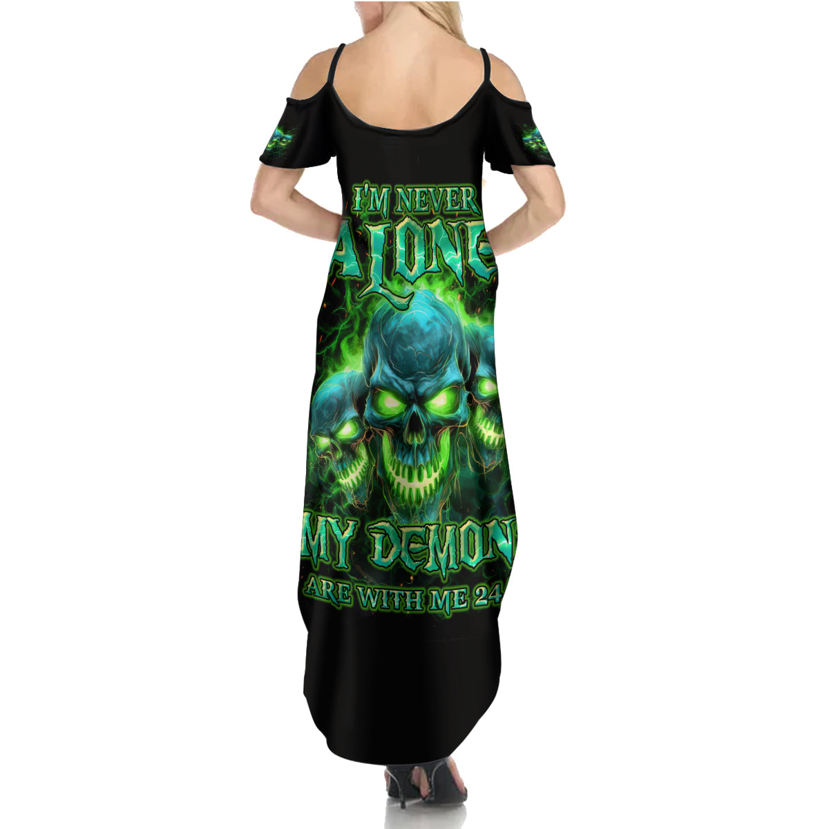 Flame Skull Family Matching Summer Maxi Dress and Hawaiian Shirt I'm Never Alone My Demons Are Wit Me 24/7 - Wonder Print Shop
