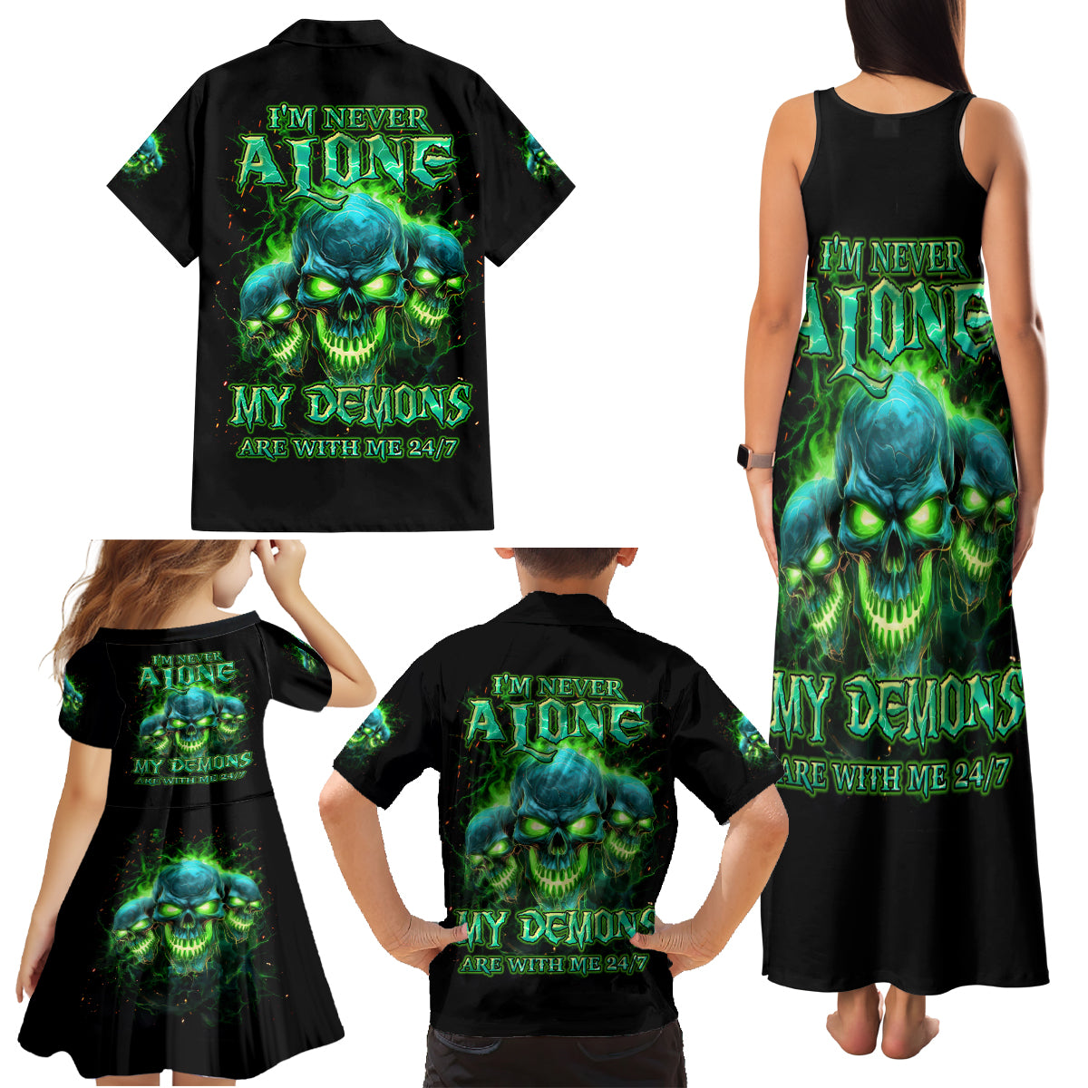 Flame Skull Family Matching Tank Maxi Dress and Hawaiian Shirt I'm Never Alone My Demons Are Wit Me 24/7 - Wonder Print Shop