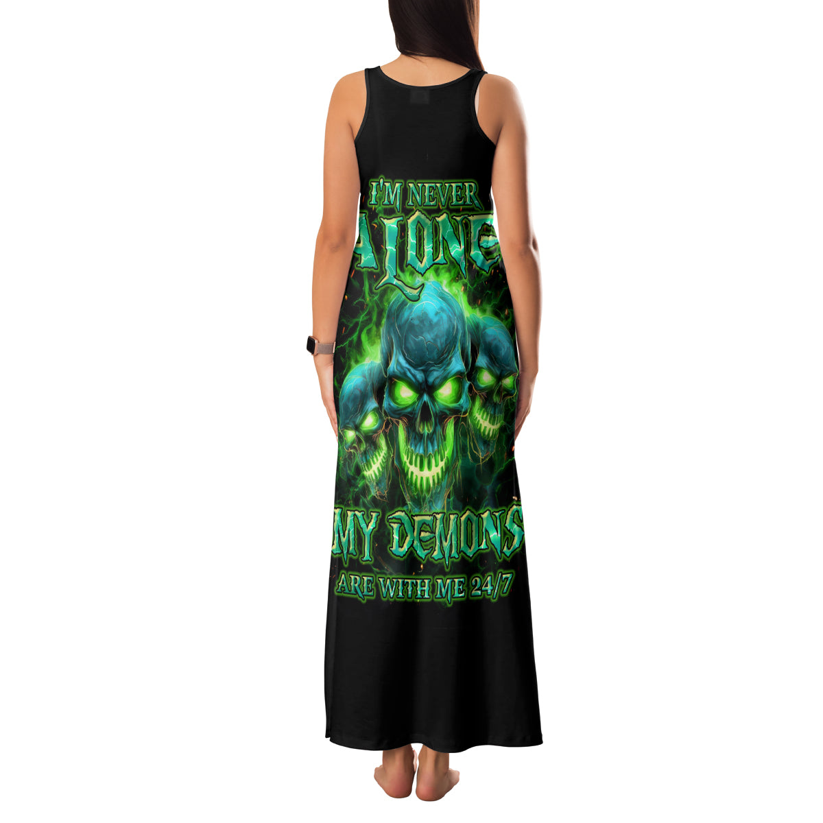 Flame Skull Family Matching Tank Maxi Dress and Hawaiian Shirt I'm Never Alone My Demons Are Wit Me 24/7 - Wonder Print Shop