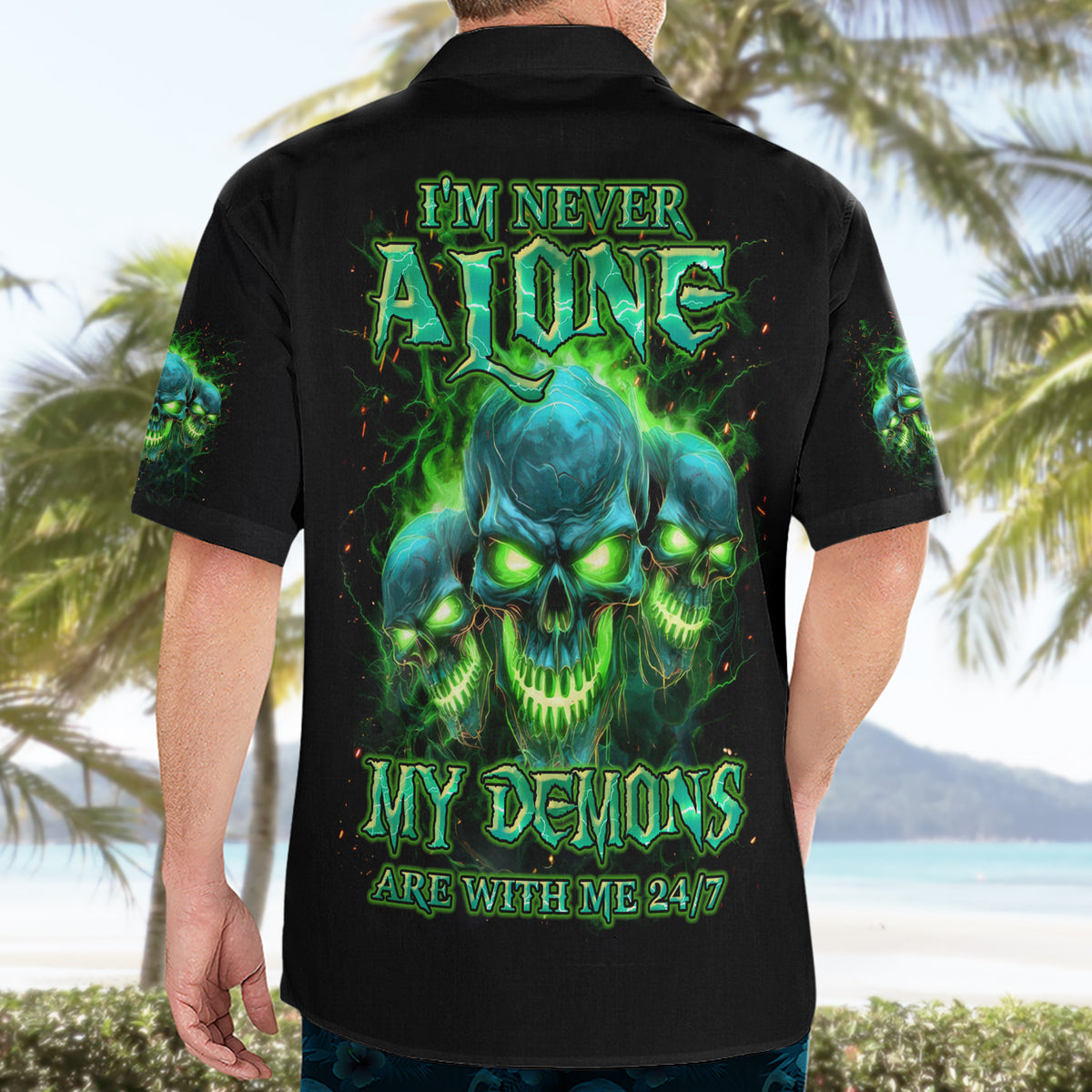 Flame Skull Hawaiian Shirt I'm Never Alone My Demons Are Wit Me 24/7 - Wonder Print Shop