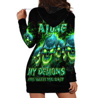 Flame Skull Hoodie Dress I'm Never Alone My Demons Are Wit Me 24/7 - Wonder Print Shop