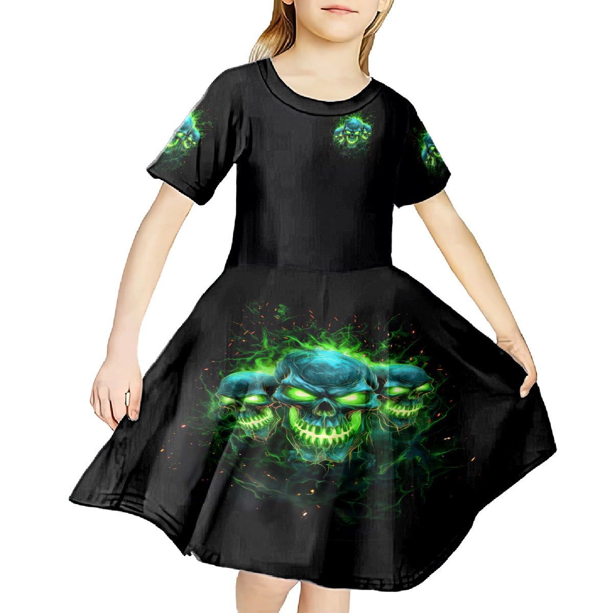 Flame Skull Kid Short Sleeve Dress I'm Never Alone My Demons Are Wit Me 24/7 - Wonder Print Shop