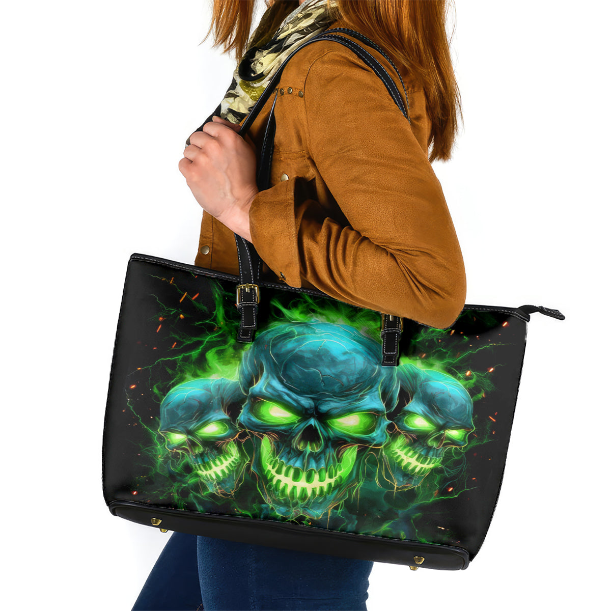 Flame Skull Leather Tote Bag I'm Never Alone My Demons Are Wit Me 24/7 - Wonder Print Shop