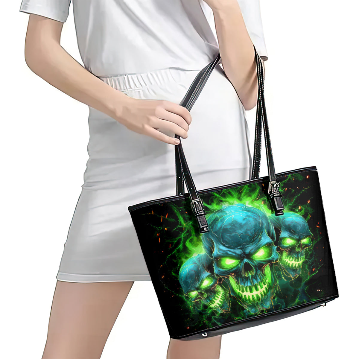 Flame Skull Leather Tote Bag I'm Never Alone My Demons Are Wit Me 24/7 - Wonder Print Shop