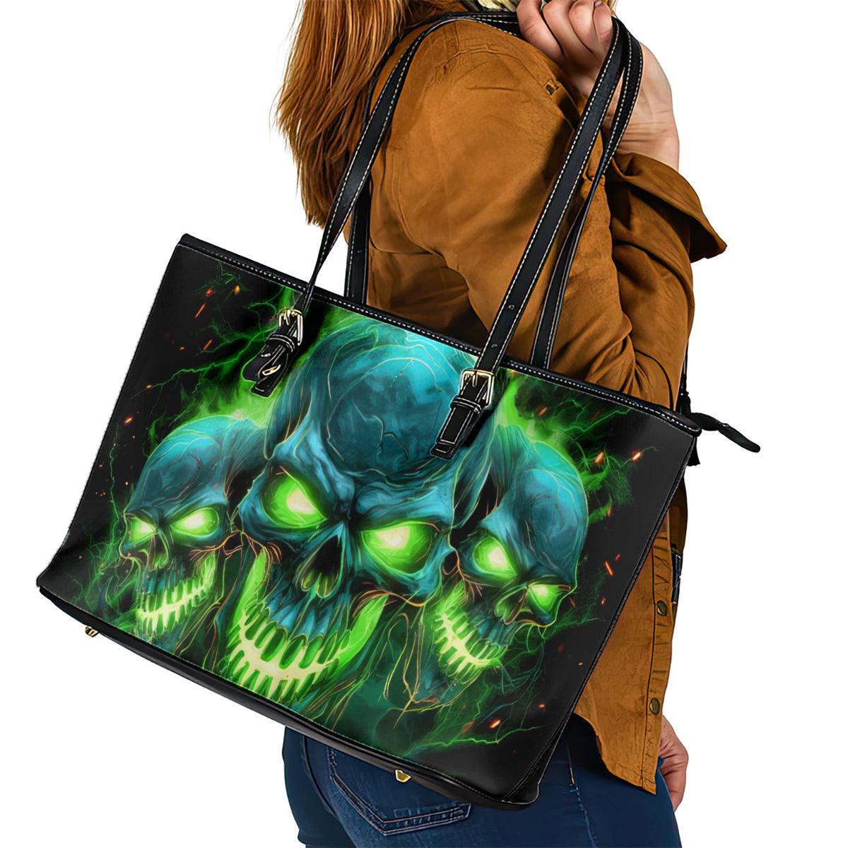 Flame Skull Leather Tote Bag I'm Never Alone My Demons Are Wit Me 24/7 - Wonder Print Shop
