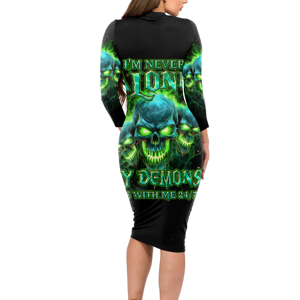 Flame Skull Long Sleeve Bodycon Dress I'm Never Alone My Demons Are Wit Me 24/7 - Wonder Print Shop