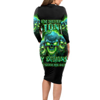 Flame Skull Long Sleeve Bodycon Dress I'm Never Alone My Demons Are Wit Me 24/7 - Wonder Print Shop