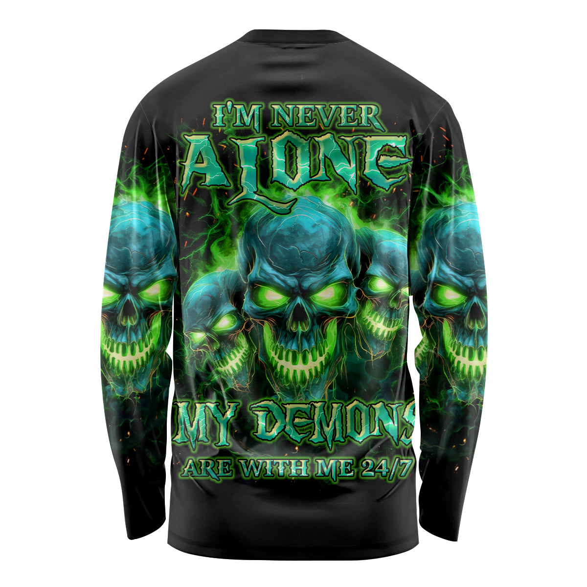 Flame Skull Long Sleeve Shirt I'm Never Alone My Demons Are Wit Me 24/7 - Wonder Print Shop