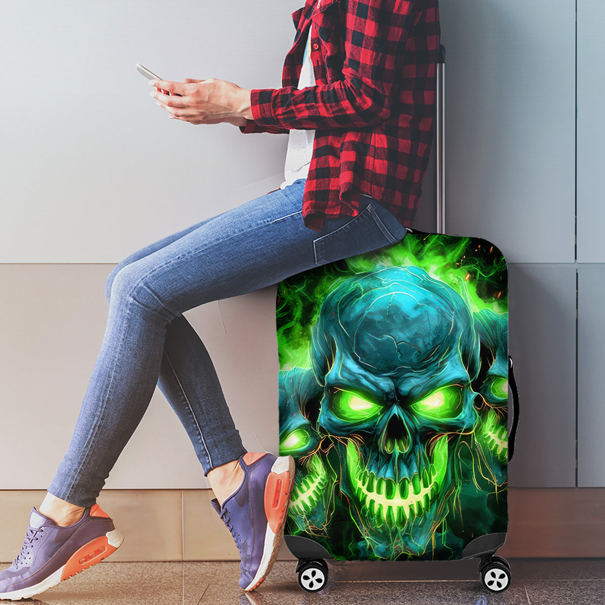 Flame Skull Luggage Cover I'm Never Alone My Demons Are Wit Me 24/7 - Wonder Print Shop